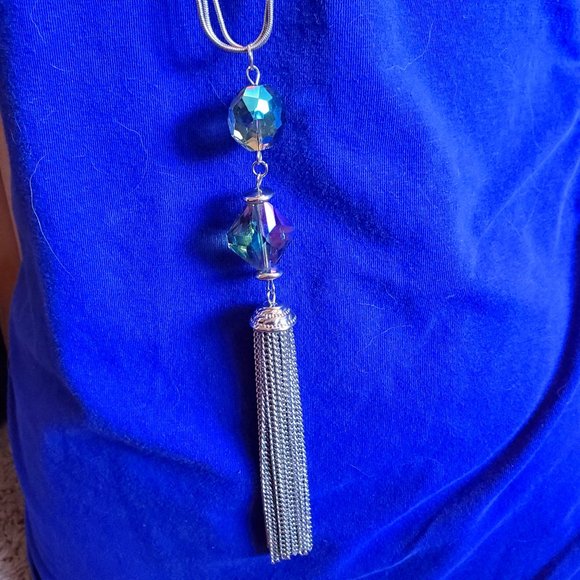 34" Silver Snake Chain 7" Tassel Pendant Necklace - Picture 2 of 7
